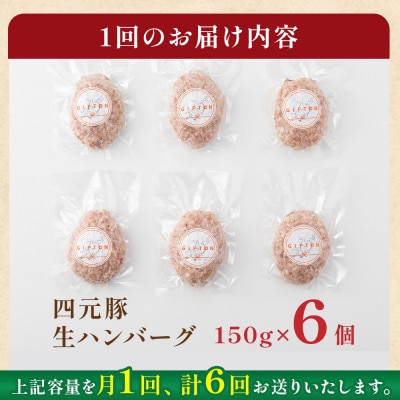 【毎月定期便】GIFTON 岩手県産四元豚 手ごね 生ハンバーグ 150g×6個全6回