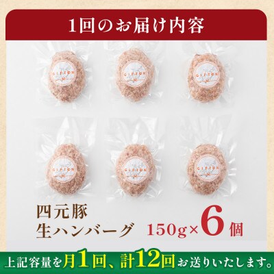 【毎月定期便】GIFTON 岩手県産四元豚 手ごね 生ハンバーグ 150g×6個全12回