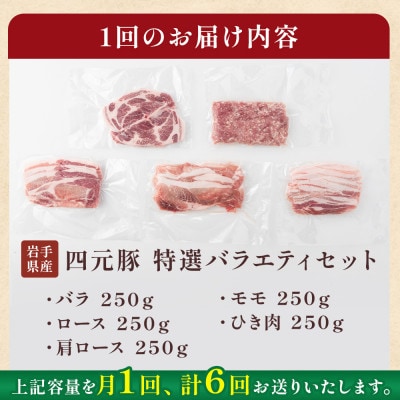 【毎月定期便】岩手県産四元豚厳選カット肉 ロース バラ 肩ロース モモ ひき肉 計1.25kg全6回