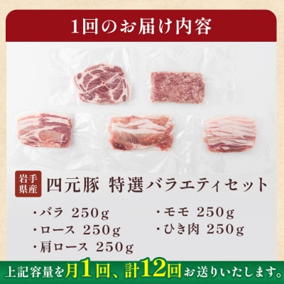 【毎月定期便】岩手産四元豚厳選カット肉 ロース バラ 肩ロース モモ ひき肉 計1.25kg全12回