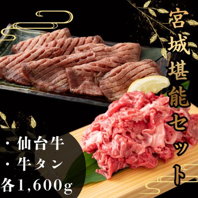 【お肉の宮城県堪能セット】厚切り牛タン塩味・仙台牛切り落とし　各1,600g