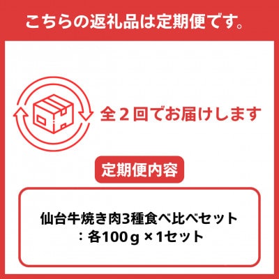 【毎月定期便】【焼肉食べ比べ3種】仙台牛ザブトン・トモサンカク・マルシン　100g×各1パック全2回