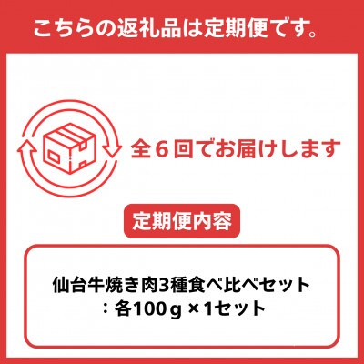【毎月定期便】【焼肉食べ比べ3種】仙台牛ザブトン・トモサンカク・マルシン　100g×各1パック全6回