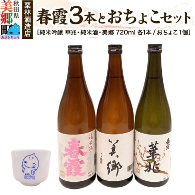 栗林酒造店 春霞3本(純米吟醸 華兆、純米酒、美郷)とおちょこセット|01_amd-764301