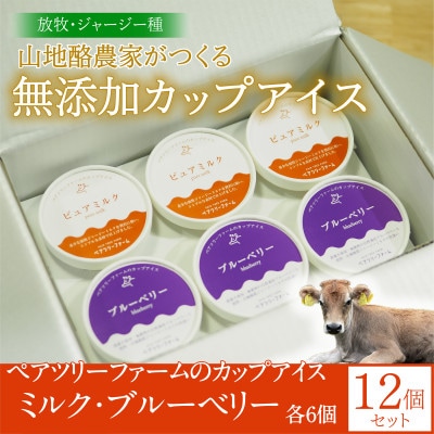 【放牧アイス】ペアツリーファームのカップアイス《ピュアミルク・ブルーベリー 各6個》計12個セット