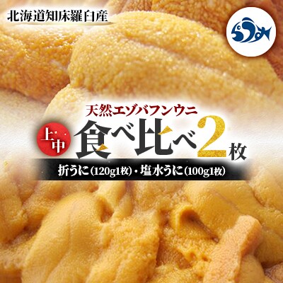 天然 エゾバフンうに(上中)食べ比べ2枚(折うに120g×1枚・塩水うに100g×1枚)