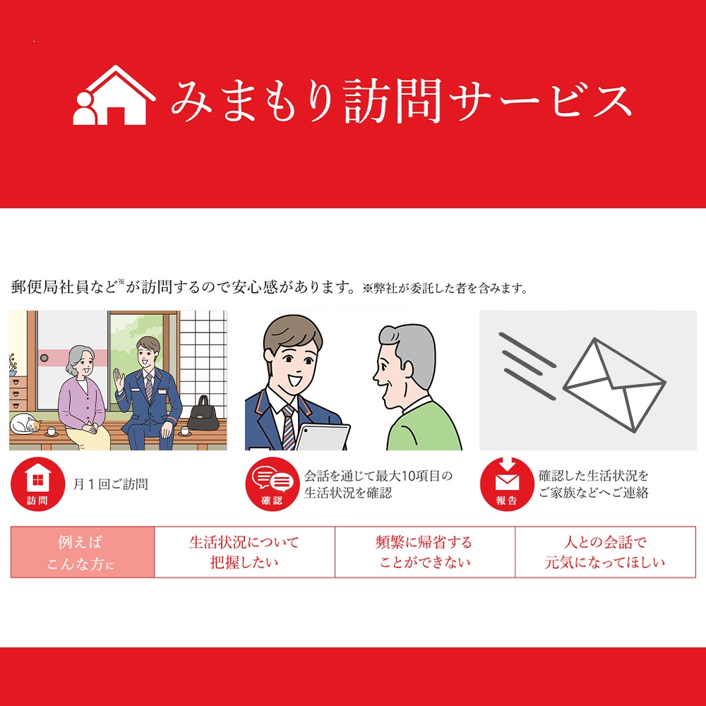 郵便局 見守り みまもり 会話 安心 家族 確認 「みまもり訪問サービス」(3カ月間)