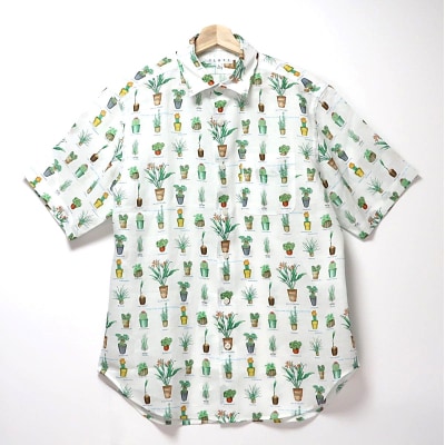 CLOFT 麻100%半袖シャツ”サボテン多肉植物柄”(ホワイト)M_0139-029-S07-1