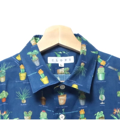 CLOFT 麻100%半袖シャツ”サボテン多肉植物柄”(ブルー)XL_0139-029-S07-6