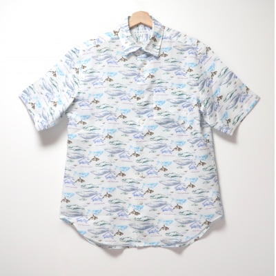 CLOFT 麻100%シャツ 縁起の良いクジラ柄マリン柄 ホワイト L_0139-030-S07-2