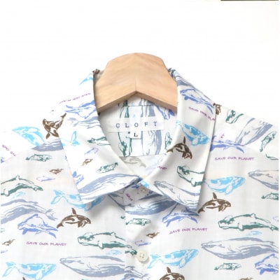 CLOFT 麻100%シャツ 縁起の良いクジラ柄マリン柄 ホワイトXL_0139-030-S07-3