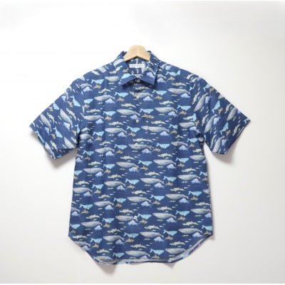 CLOFT 麻100%シャツ 縁起の良いクジラ柄マリン柄 ブルー M_0139-030-S07-4