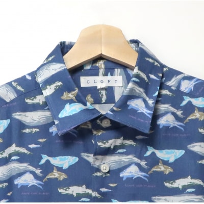 CLOFT 麻100%シャツ 縁起の良いクジラ柄マリン柄 ブルー L_0139-030-S07-5
