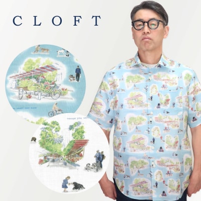 CLOFT 麻100%半袖シャツ”犬とマルシェ柄”犬柄(ホワイト) L_0139-025-S07-2
