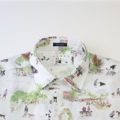 CLOFT 麻100%半袖シャツ”犬とマルシェ柄”犬柄(ホワイト) L_0139-025-S07-2