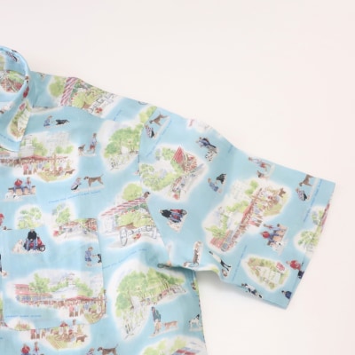 CLOFT 麻100%半袖シャツ”犬とマルシェ柄”犬柄(ブルー) M_0139-025-S07-3