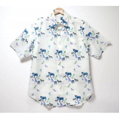 CLOFT 麻100%半袖シャツ”犬のシルエット柄”(ホワイト) M_0139-027-S07-1