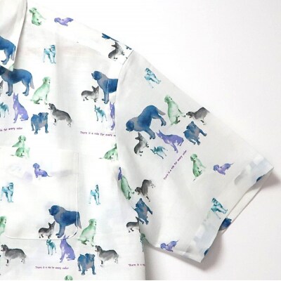 CLOFT 麻100%半袖シャツ”犬のシルエット柄”(ホワイト) M_0139-027-S07-1