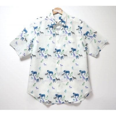 CLOFT 麻100%半袖シャツ”犬のシルエット柄”(ホワイト) XL_0139-027-S07-3