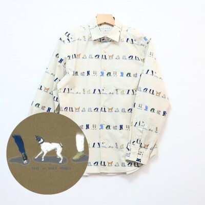  CLOFT 長袖シャツ 自由に歩こう犬と散歩柄(ライトベージュ)L_0139-021-S07-2
