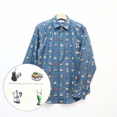 CLOFT 長袖シャツ”憩い”喫茶店柄(ダークネイビー) M_0139-020-S07-4