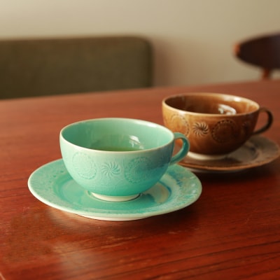 ポトペリー Stampペアカップ&ソーサー(Blue×Brown)　【kt032-046】