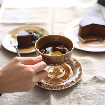 ポトペリー Stampペアカップ&ソーサー(Blue×Brown)　【kt032-046】