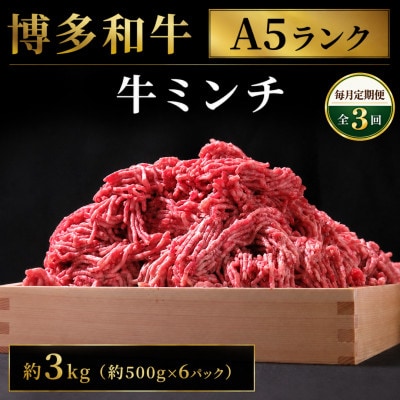【毎月定期便】博多和牛 牛ミンチ　約3kg(約500g×6パック)(広川町)全3回