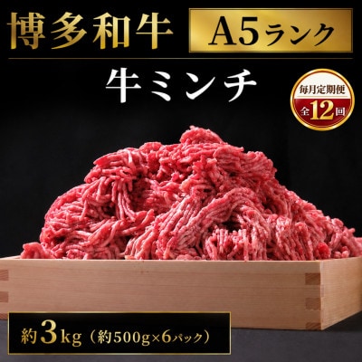 【毎月定期便】博多和牛 牛ミンチ約3kg(約500g×6パック)(広川町)全12回