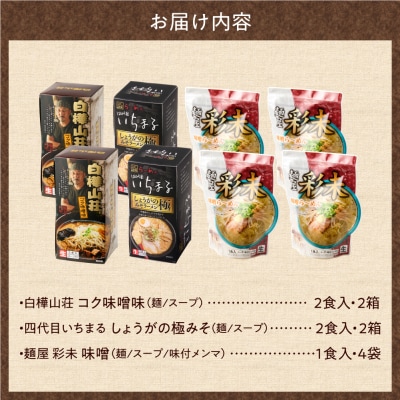 北海道ラーメン 味噌セット3種 彩未/白樺山荘/四代目いちまる 計12食_hs290-009