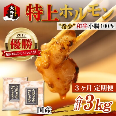 【3ヶ月定期便】とんちゃん祭2012年優勝!ホルモン1kg(500g×2袋)×3回