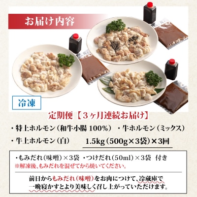 【3ヶ月定期便】六間星山のホルモン食べ比べセット1.5kg(500g×3袋)×3回　合計4.5kg