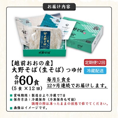 【12ヶ月定期便】越前大野産 石臼挽き 越前そば 生そば5食 × 12回 計60食(つゆ付)