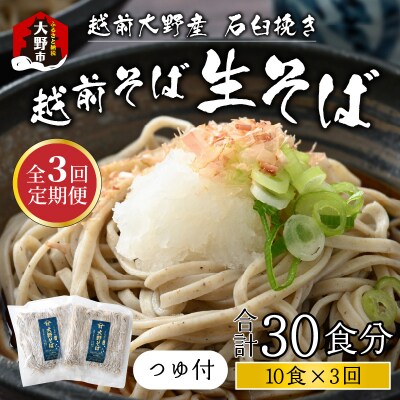 【3ヶ月定期便】越前大野産 石臼挽き 越前そば 生そば10食 × 3回 計30食(つゆ付)