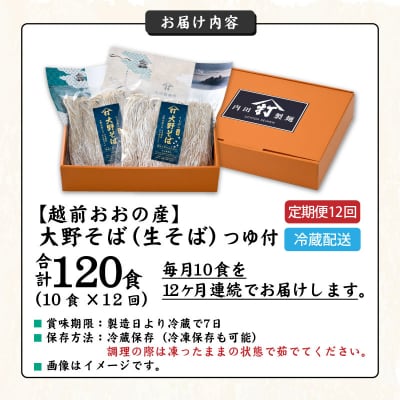 【12ヶ月定期便】越前大野産 石臼挽き 越前そば 生そば10食 × 12回 計120食(つゆ付)