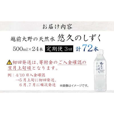 【3ヶ月連続お届け】越前大野の天然水　悠久のしずく PET500ml × 24本×3回配送　計72本