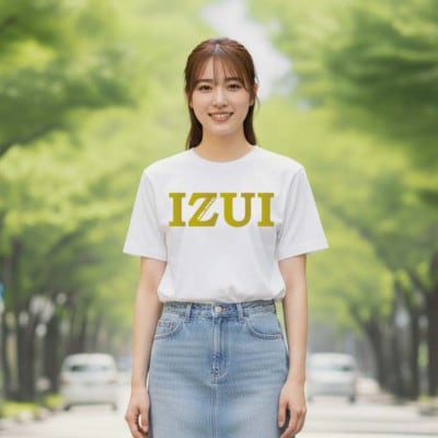 魔法の言葉「いずい」で もちつもたれつ「 IZUI Tシャツ 」厚地 ホワイト×ゴールド2L