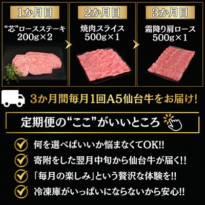 【毎月定期便】A5仙台牛 ステーキ・焼肉・すき焼き [黒毛和牛Aコース:3ヶ月]全3回