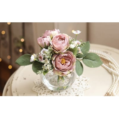 水替え不要!!アンティークローズとグリーン ガラス花瓶付きアレンジ 光触媒加工付き