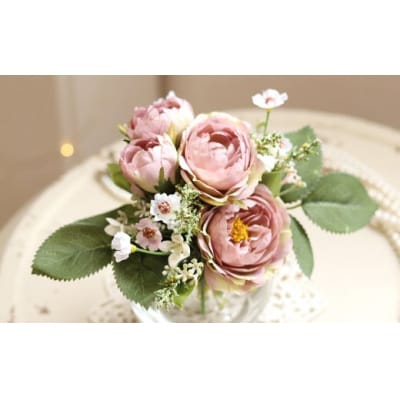 ギフト用|水替え不要 アンティークローズとグリーン ガラス花瓶付アレンジ クリアBOX入 光触媒加工