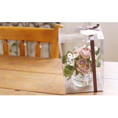 ギフト用|水替え不要 アンティークローズとグリーン ガラス花瓶付アレンジ クリアBOX入 光触媒加工