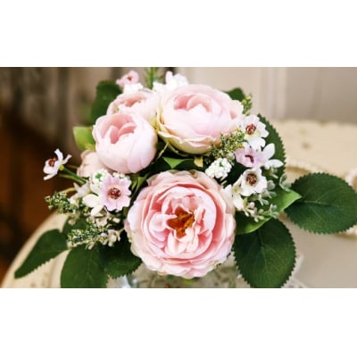 水替え不要!!桜色ローズとグリーン ガラス花瓶付きアレンジ 光触媒加工付き