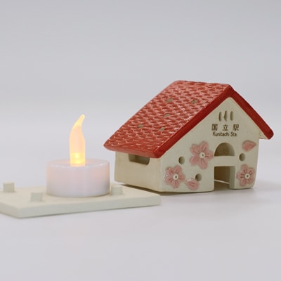 国立の桜灰使用「国立駅舎陶器」LEDキャンドルハウス&カード立てセット