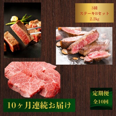 【発送月固定定期便】【希少部位食べ比べ】長崎和牛贅沢3種ステーキBセット2.2kg(佐々町)全10回
