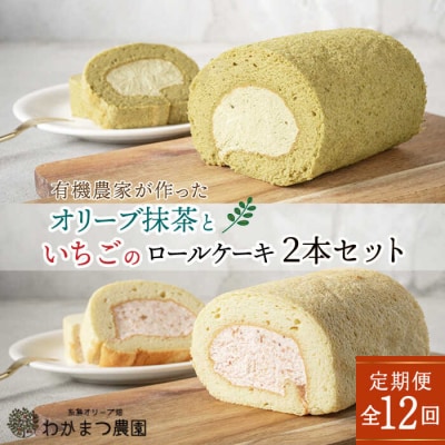 【全12回定期便】オリーブリーフの抹茶&つぶつぶ糸島いちごロール ケーキ2本セット[AHB046]