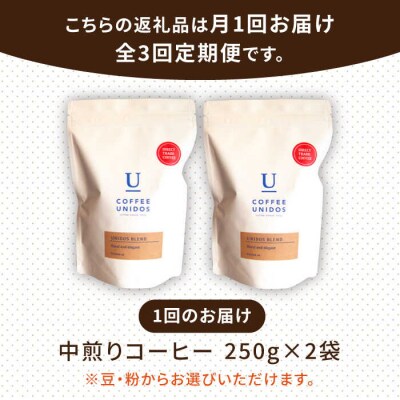 【全3回定期便】中煎りコーヒー 豆 ウニドスブレンド 250g×2袋(豆or粉) [AQF021]