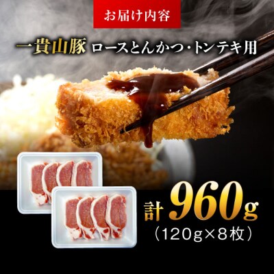 一貴山豚 ロースとんかつ・トンテキ用 計960g(120g×8枚) /いきさん牧場[AGB031]