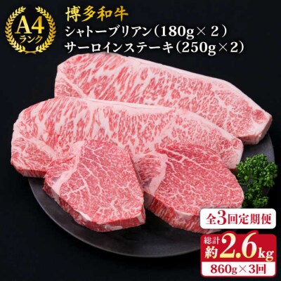 【全3回定期便】極厚ステーキ シャトーブリアン×2 サーロインステーキ×2 計4枚[ACA177]