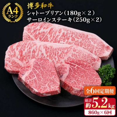 【全6回定期便】極厚ステーキ シャトーブリアン×2 サーロインステーキ×2 計4枚[ACA178]