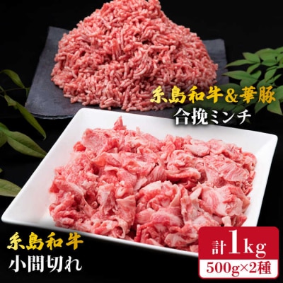 糸島和牛 小間切れ 500g & 糸島和牛 糸島豚 合挽ミンチ 500g 計1kg[ACA236]